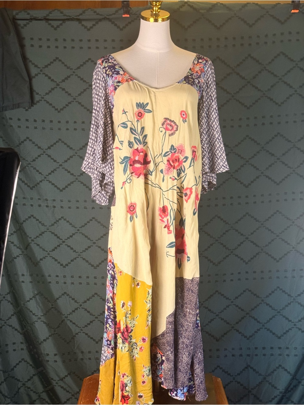 Free People Patchwork Floral Maxi Dress in Cream, Yellow, Purple